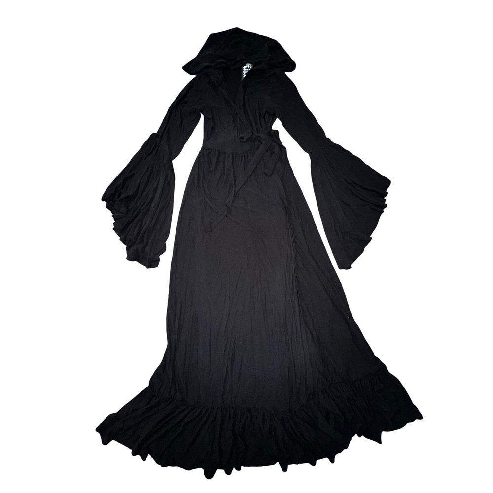 Killstar Black Hooded Maxi Dress Bell Sleeve Witchy Gothic Wrap Ruffle Hem M